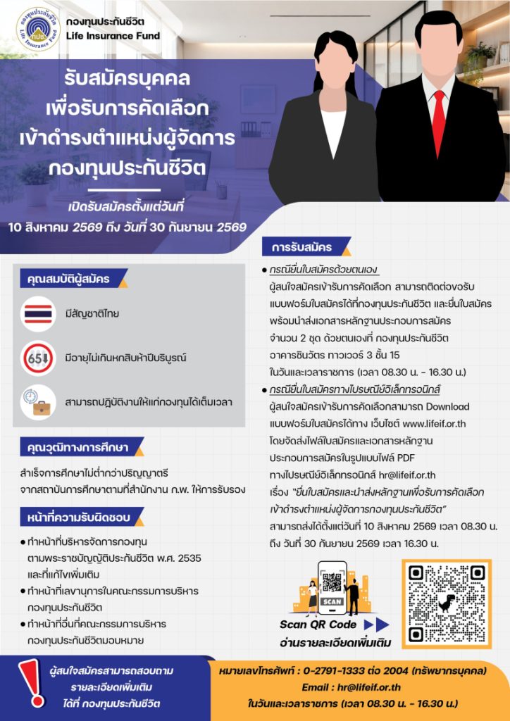 กองทุนประกันชีวิตประกาศเปิดรับสมัครบุคคลเพื่อคัดเลือกและแต่งตั้งให้ดำรงตำแหน่งผู้จัดการกองทุนประกันชีวิต (ครั้งที่ 4)