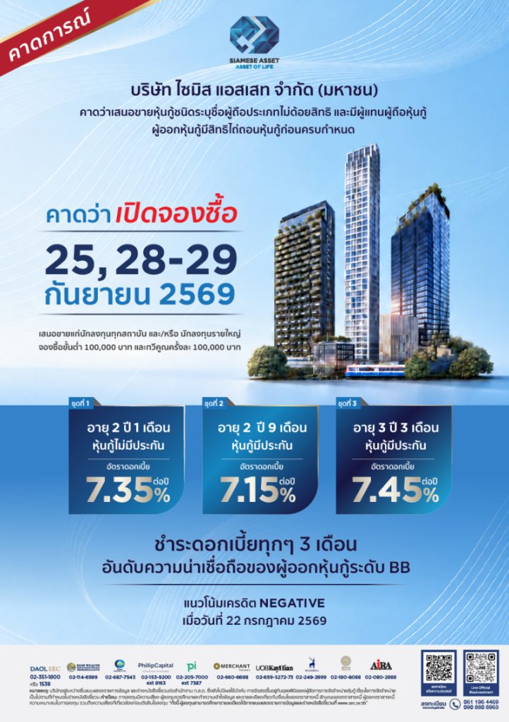 “ไซมิส แอสเสท” เตรียมเปิดจองหุ้นกู้ 3 ชุด  ดอกเบี้ยคงที่ 7.15%–7.45% ต่อปี วันที่ 25 และ 28–29 ก.ย. 2569
